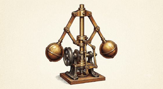 An engraved-style illustration of a brass flyball governor on a wooden base