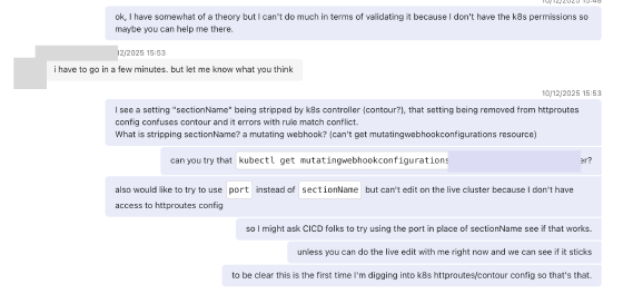 Teams message asking the platform lead to run kubectl get mutatingwebhookconfigurations on the cluster