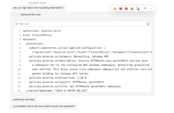Teams reply confirming the mutating webhook was the culprit